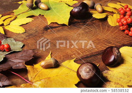 Frame of Autumn maple leaves on aged wood with copy space. Mockup for seasonal offers and holiday Frame of Autumn maple leaves on aged wood with copy space. Mockup for seasonal offers and holiday 58538532