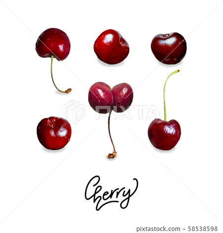 Creative layout made of fresh and tasty sweet cherries isolated on white. Creative layout made of fresh and tasty sweet cherries isolated on white. 58538598
