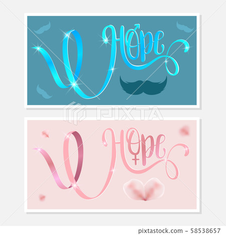 Hope. Awareness Calligraphy Poster Design. Realistic Light Blue and Pink Ribbon. 58538657