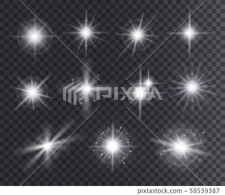 Light effect. White star sparks, bright flare with rays. Magic glowing dust particles. Christmas 58539387