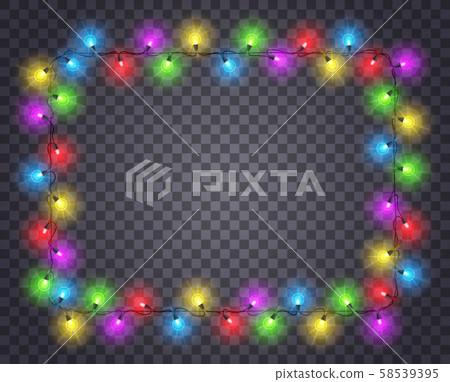 Frame with light garland. Christmas photo image border with color glowing light bulbs. Isolated 58539395