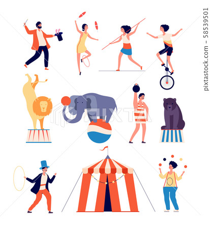 Circus actors. Clown and magician, juggler and balancer, animal trainer and strong man. Shapito 58539501