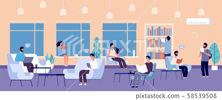 Co-working space. People working laptops, reading books vector illustration. Open space concept 58539508