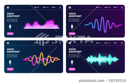 Audio assistant landing page. Vector voice personal assistant web banners with sound waves 58539510