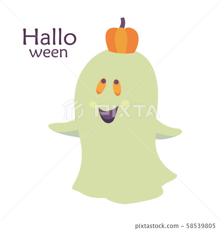 Colorful vector illustration. Happy Halloween. Postcard template with smiling ghost and orange Colorful vector illustration. Happy Halloween. Postcard template with smiling ghost and orange 58539805