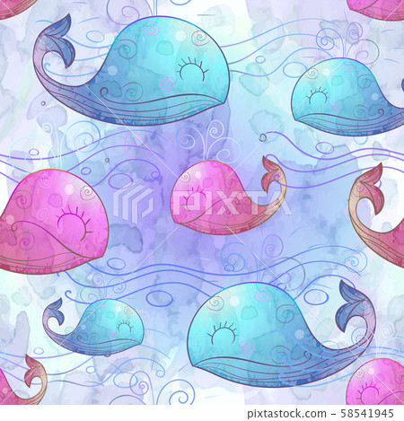 Seamless pattern of cute whales and their cubs. Watercolor. Vector 58541945