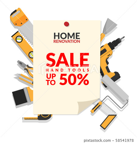 home repair tools set isolated on white background with paper notice with text home renovation hand tools sale up to 50% for hardware store promotion and marketing home repair tools set isolated on white background with paper notice with text home renovation hand tools sale up to 50% for hardware store promotion and marketing 58541978