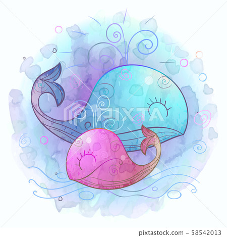Whale mom with a small whale. Motherhood. Watercolor. Vector Whale mom with a small whale. Motherhood. Watercolor. Vector 58542013
