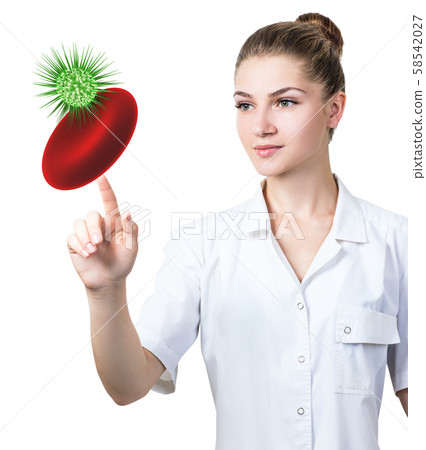Doctor touches erythrocyte with viral cell by forefinger. 58542027