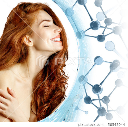 Redhead woman among blue glass molecules and water wave. Redhead woman among blue glass molecules and water wave. 58542044