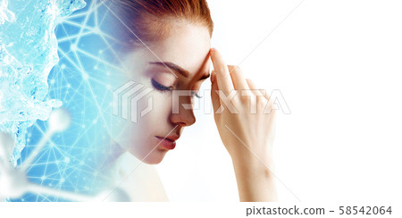 Ginger woman near big white molecules in water splash. Ginger woman near big white molecules in water splash. 58542064