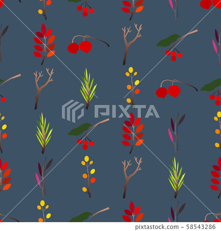 Autumn vector seamless pattern with berries, acorns, pine cone, mushrooms, branches and leaves. 58543286