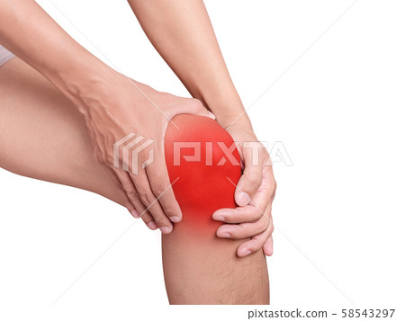 man suffering from knee pain, joint pains. red color highlight at knee isolated on white background. health care and medical concept man suffering from knee pain, joint pains. red color highlight at knee isolated on white background. health care and medical concept 58543297