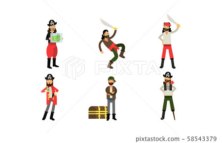 Pirate Characters With A Saber Or Parrot In Different Actions And Poses Vector Illustration Set 58543379