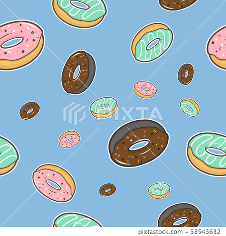 vector seamless pattern with colorful donuts difference size with glaze and sprinkles on blue background for decorate coffee shop or bakery shop. 58543632