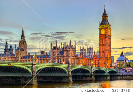 The Palace and the Bridge of Westminster in London at sunset - the United Kingdom 58543788
