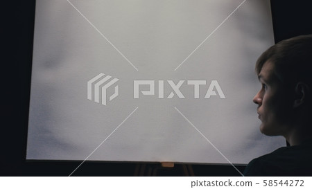 Artist copyist paint seascape with ship in ocean. Craftsman decorator draw as boat sail on blue sea 58544272