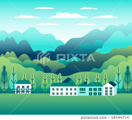 Hills and mountains landscape, house farm in flat Hills and mountains landscape, house farm in flat 58544714