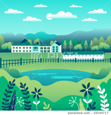 Hills and mountains landscape, house farm in flat Hills and mountains landscape, house farm in flat 58544717