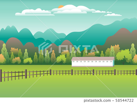 Hills and mountains landscape, house farm in flat 58544722