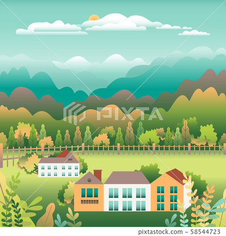 Hills and mountains landscape, house farm in flat 58544723