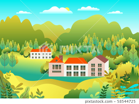Hills and mountains landscape, house farm in flat 58544725