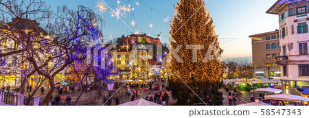 Romantic Ljubljana's city center decorated for Christmas holidays. Preseren's square, Ljubljana Romantic Ljubljana's city center decorated for Christmas holidays. Preseren's square, Ljubljana 58547343