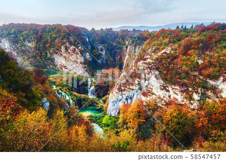 Aerial view on amazing foggy waterfalls in Plitvice lakes Aerial view on amazing foggy waterfalls in Plitvice lakes 58547457