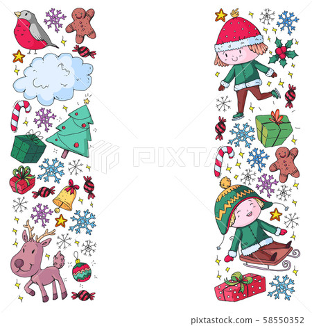 Christmas pattern with little children. Kids play and have fun during winter vacations. Christmas pattern with little children. Kids play and have fun during winter vacations. 58550352