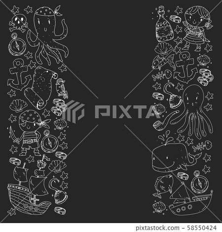 Pirate party. Illustrations for little children. Kids birthday celebration with treasure island Pirate party. Illustrations for little children. Kids birthday celebration with treasure island 58550424