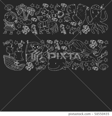 Pirate party. Illustrations for little children. Kids birthday celebration with treasure island 58550435