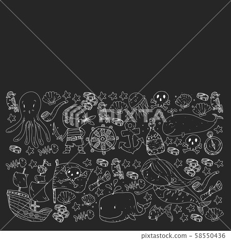 Pirate party. Illustrations for little children. Kids birthday celebration with treasure island 58550436