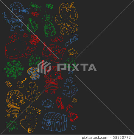 Pirate party. Illustrations for little children. Kids birthday celebration with treasure island Pirate party. Illustrations for little children. Kids birthday celebration with treasure island 58550772