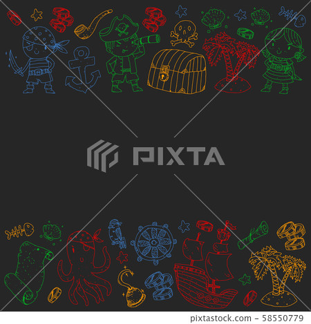 Pirate party. Illustrations for little children. Kids birthday celebration with treasure island Pirate party. Illustrations for little children. Kids birthday celebration with treasure island 58550779