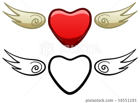 Red heart with wings in colored and line versions 58551285