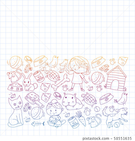 Pet shop. Vector illustration with animals, dog, cat, fish, Colorful background with kitten, bird 58551635