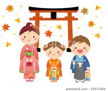 Shichigosan與鳥居和彩色的樹葉背景圖 58551808