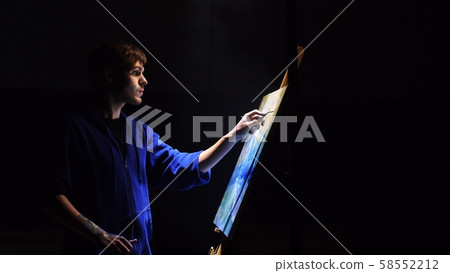 Artist copyist paint seascape with ship in ocean. Vaper smoke vape e-cigarette. Craftsman decorator 58552212