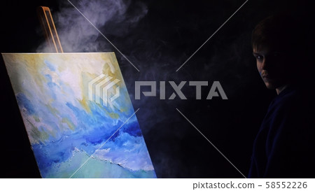 Artist copyist paint seascape with ship in ocean. Vaper smoke vape e-cigarette. Craftsman decorator 58552226
