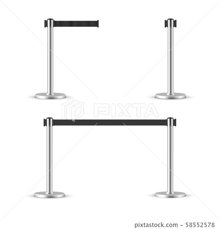 Retractable belt stanchion set. Portable ribbon barrier. black striped hazard fencing tape. Chrome Retractable belt stanchion set. Portable ribbon barrier. black striped hazard fencing tape. Chrome 58552578