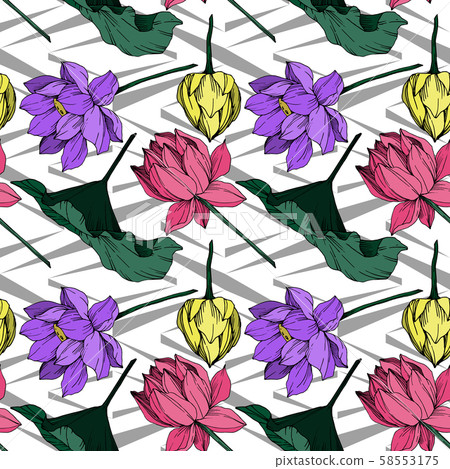 Vector Lotus floral botanical flower. Black and white engraved ink art. Seamless background pattern. 58553175