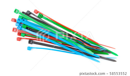 Colored plastic cable ties. Plastic clamps on a 58553552
