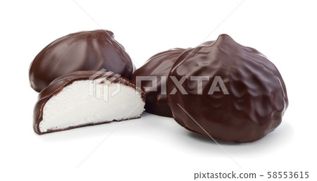Chocolate covered marshmallows isolated 58553615