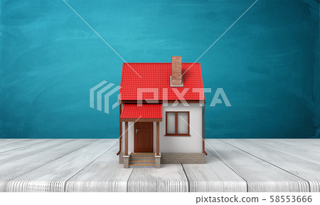3d rendering of small one-storey house standing on wooden floor near blue wall with some copy space. 58553666