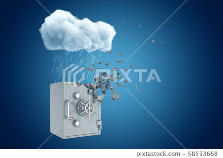 3d rendering of money safe dissolving into pieces from one side, standing under raining cloud on 58553668