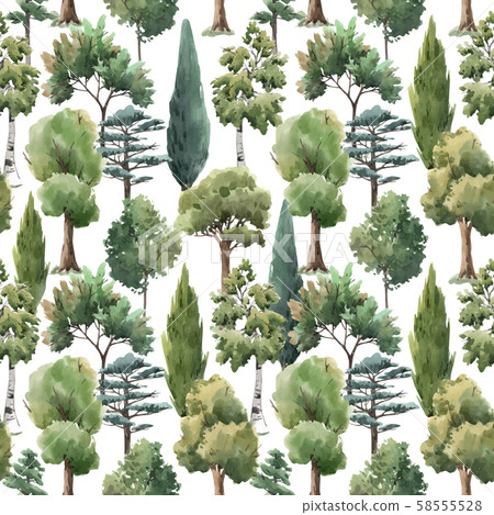 Watercolor vector tree seamless pattern forest oak fir birch, thuja linden baobab pine Watercolor vector tree seamless pattern forest oak fir birch, thuja linden baobab pine 58555528