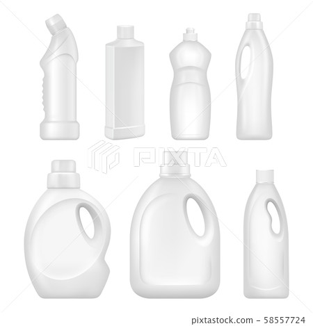 Plastic empty bottles. Sanitary containers with chemical liquids for cleaning services 58557724