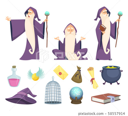 Set of magician tools and male wizard character. Vector pictures isolated on white background 58557914