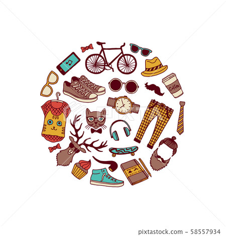Vector hipster doodle icons in circle shape illustration 58557934