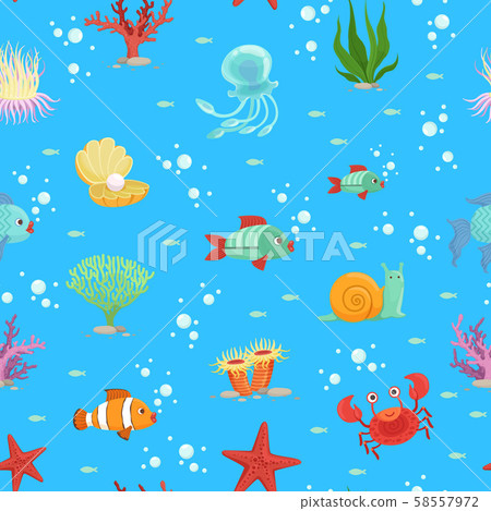 Vector cartoon underwater creatures and seaweed pattern or background illustration 58557972